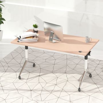 Oak top folding desk with white and chrome legs on casters in office setting