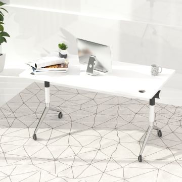 white flip top desk on casters with splayed metal legs in office