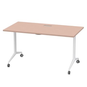 oak rectangular folding table with white T legs and casters
