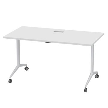 white folding table on wheels with cable grommet