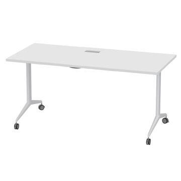 White folding table with T shaped legs and casters