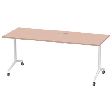 Oak top folding table on white frame with caster wheels