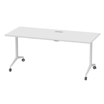 white folding office table with T legs and wheels