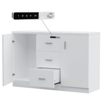 Mahmayi Carre 1147 white storage cabinet with left door open showing interior and bottom drawer pulled out with touch screen digital lock callout