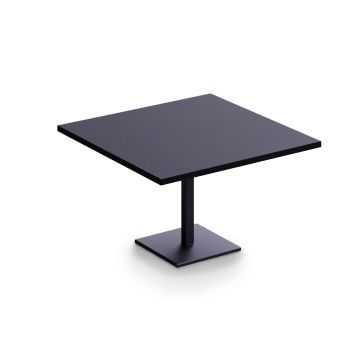 Black square table with pedestal base angled view