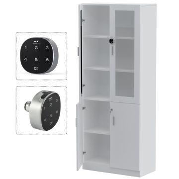 Mahmayi Carre 1123 white full height bookshelf cabinet with open doors showing interior shelves and digital lock close-up insets