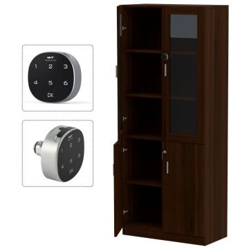 Mahmayi Argent 1123 dark walnut full height bookshelf cabinet with open doors showing internal shelves and digital lock detail