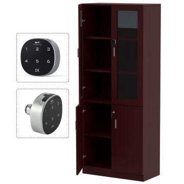 Mahmayi Argent 1123 Apple Cherry full height bookshelf cabinet open showing internal shelves with digital lock keypad closeup insets
