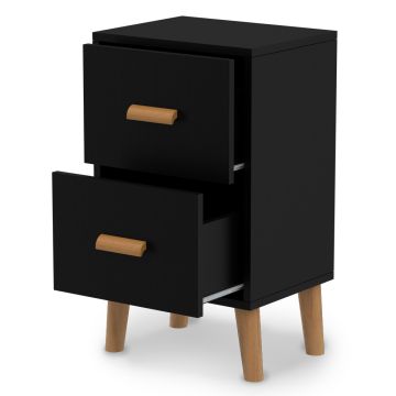 Black wooden nightstand with two drawers featuring wooden handles and tapered wooden legs.