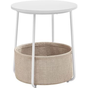 Round white side table with beige fabric basket