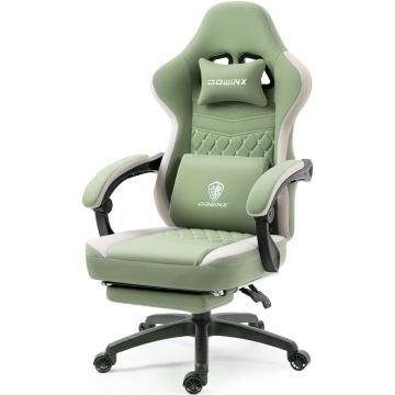 Green racing style gaming chair with lumbar and headrest pillows