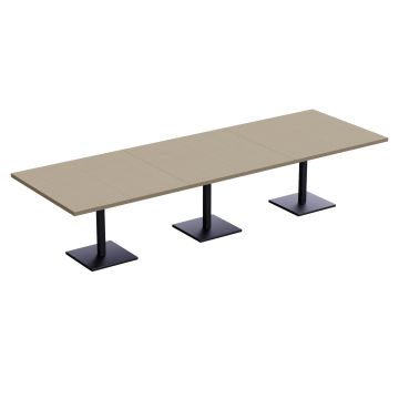 long rectangular linen tabletop with three black square pedestal bases