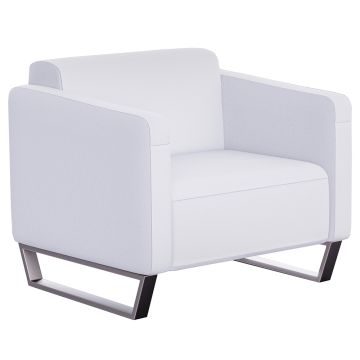 Mahmayi 2850 white PU single seater sofa chair with squared silhouette and dark metal sled legs shown at angle