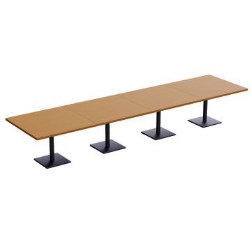 Long light walnut modular table with four black square pedestal bases