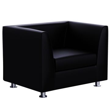 Mahmayi 679 black PU single seater sofa with cube silhouette and polished chrome cylinder legs on white background
