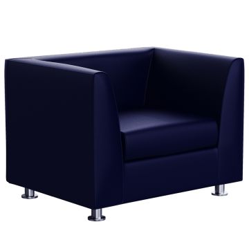Mahmayi 679 single seater blue PU sofa with chrome legs shown on white background at a three-quarter angle