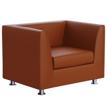 Mahmayi 679 single seater brown PU sofa with cube silhouette and polished metal legs angled view