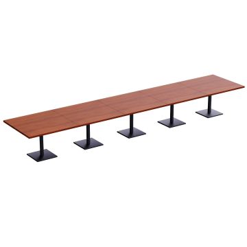 Five square tables joined in a long apple cherry run with black pedestal bases