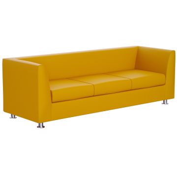 Mahmayi 679 yellow PU three seater sofa with chrome legs shown in angled side view against white background