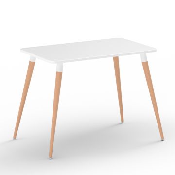 Cenare white rectangular dining table with natural beech wood legs on white background
