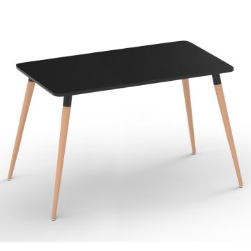 Cenare black rectangular dining table with angled natural wood legs on white background