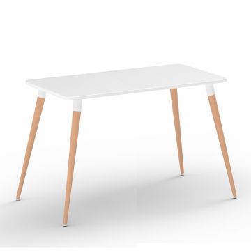 Mahmayi Cenare white rectangular dining table with natural beech wood tapered legs on white background