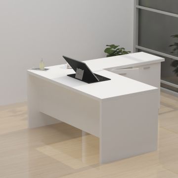 White L shaped executive desk with side cabinet in office setting