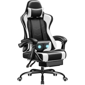 Mahmayi LT RC001 black and white high back gaming chair with massage lumbar support headrest footrest and rolling base front view