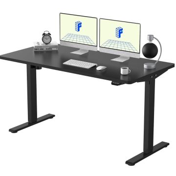 black electric standing desk with dual monitors and accessories