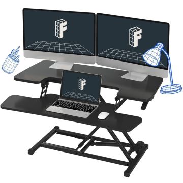 Black two tier sit stand desk riser holding dual monitors and a laptop