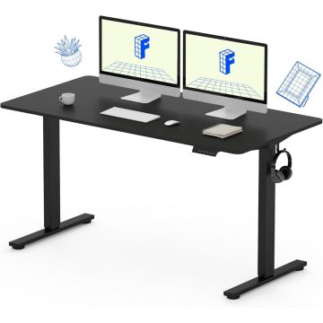 Black height-adjustable standing desk with dual monitors  keyboard  mouse  notebook  coffee cup  and headset hook.