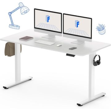 White electric standing desk with dual monitors and side hooks
