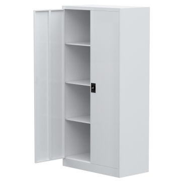 White steel cupboard open with adjustable shelves and lock