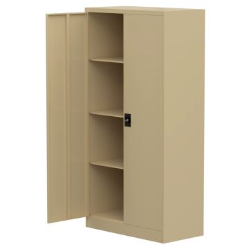 Beige steel swing door cupboard with shelves open