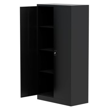 Black steel full height cupboard with one door open showing shelves and lock