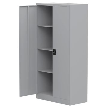 Grey steel swing door cupboard with shelves and lock