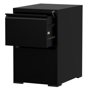 Black two drawer steel filing cabinet with top drawer open and key in lock