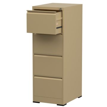 Beige four drawer steel filing cabinet with top drawer open and lock