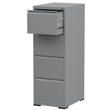 Grey 4 drawer steel filing cabinet with top drawer open