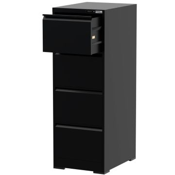 black 4 drawer filing cabinet with top drawer open and digital lock