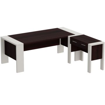 L shaped executive desk in dark walnut and white with return and drawers