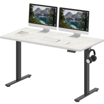 White adjustable standing desk with black legs  featuring dual monitors  keyboard  mouse  book  and headphone holder.