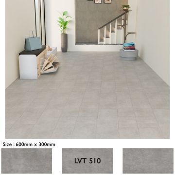 Mahmayi Stonehenge LVT 510 Oak Seaweed flooring planks laid in a modern home entryway showing light grey stone-look finish with 600mm x 300mm plank size callout