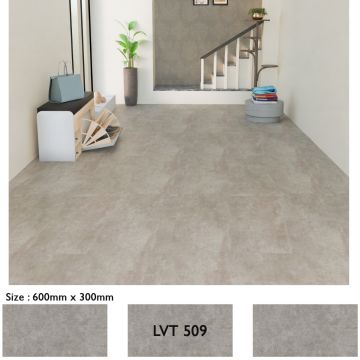 Stonehenge LVT 509 Aqua Wood flooring installed in a modern entryway with staircase showing 600x300mm plank size and stone-effect finish