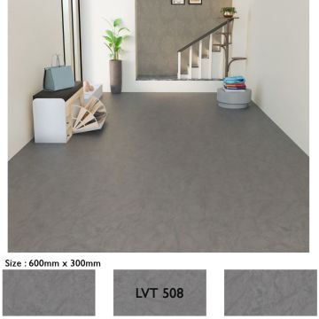 Mahmayi Stonehenge LVT 508 Danish Grey flooring planks installed in a modern hallway entrance with staircase showing 600mm x 300mm plank size and surface texture swatches