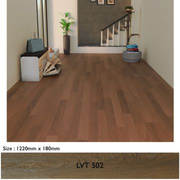 Mahmayi Stonehenge LVT 502 Brown Coffee Wenge flooring planks installed in a modern entryway with staircase showing plank size 1220mm x 180mm and close-up wood grain swatch