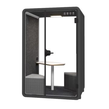 two person soundproof phone pod with table and seats grey frame