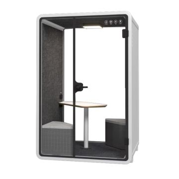 White frame office phone pod with glass door table and two grey seats