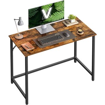 Rustic brown and black computer desk setup with monitor and lamp