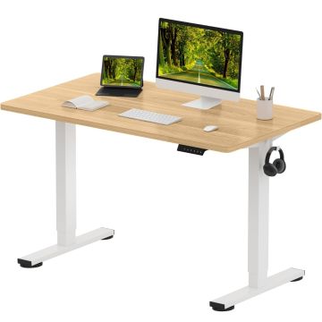 Adjustable standing desk with a light wood top and white metal legs  featuring a monitor  keyboard  tablet  book  pen holder  and headphones.